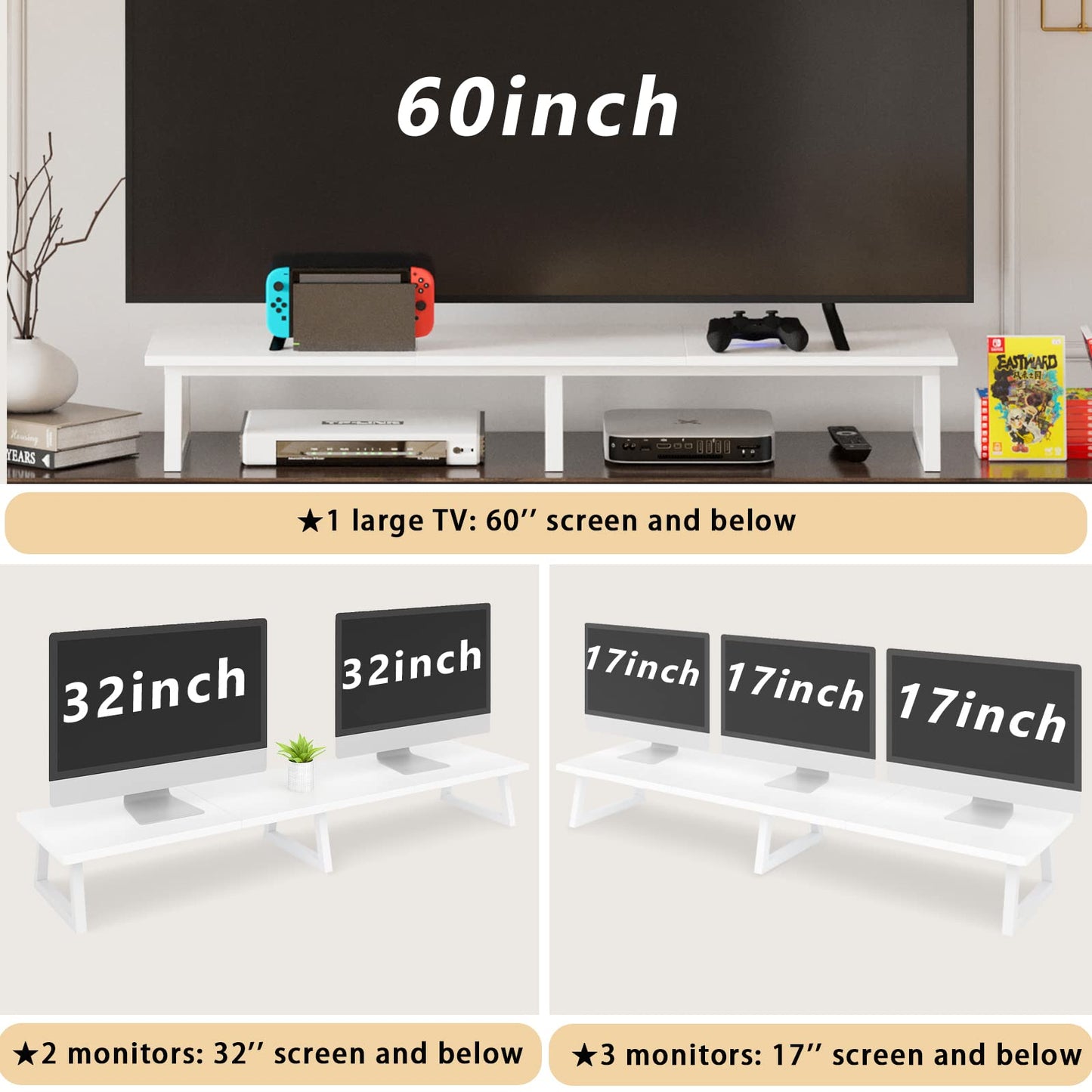 TEAMIX 42 inch Dual Monitor Riser White, Desk Organizer Stand for TV Laptop