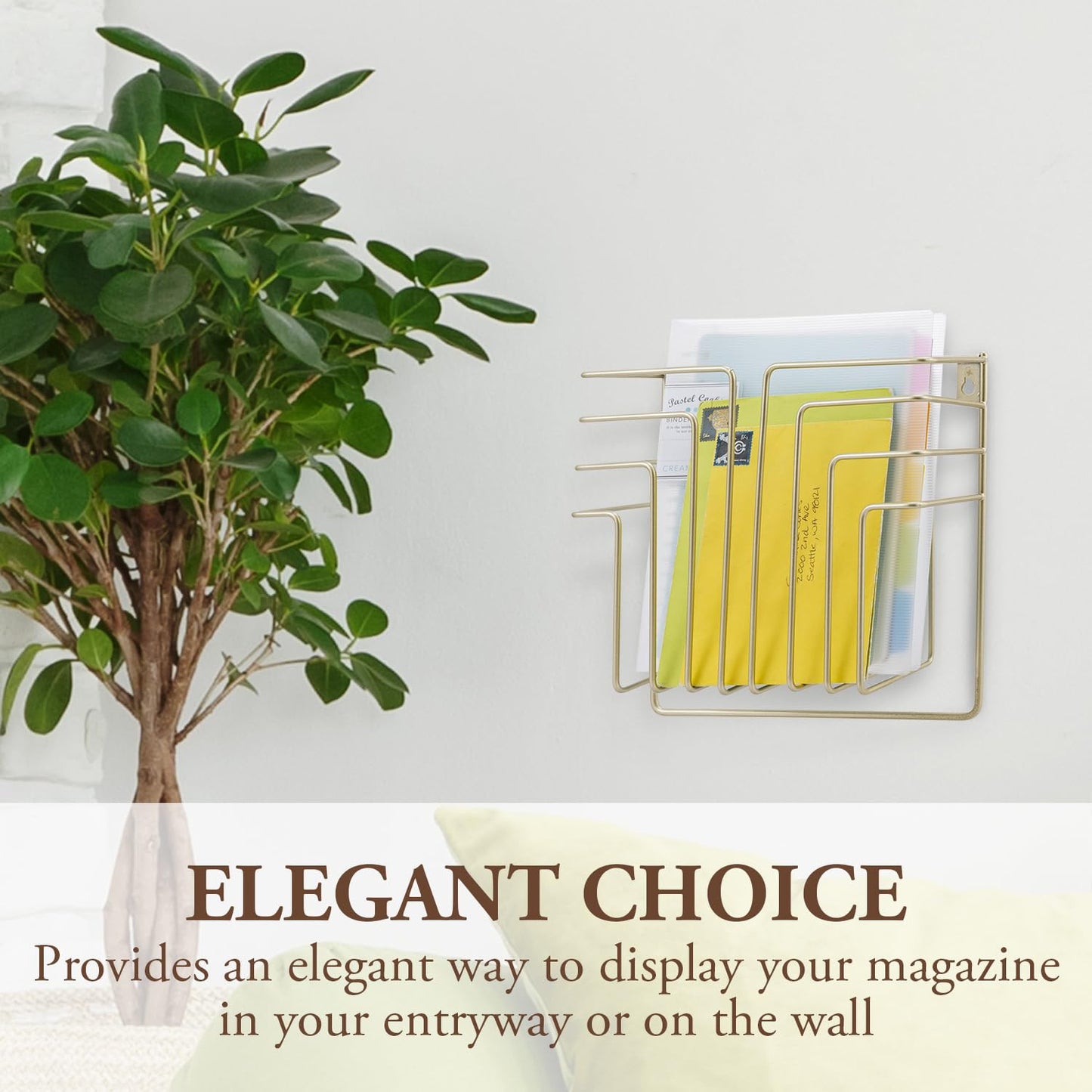 MyGift Modern Art Deco Style Brass Tone Metal Wire Floating Magazine Rack and File Folder Holder