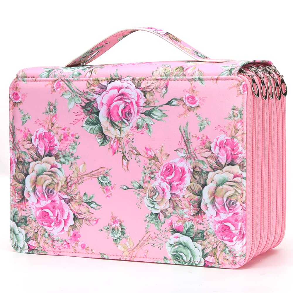 Vomgomfom 252 Slots Pencil Case 5-Layer PU Leather, Handle, Pink Flower