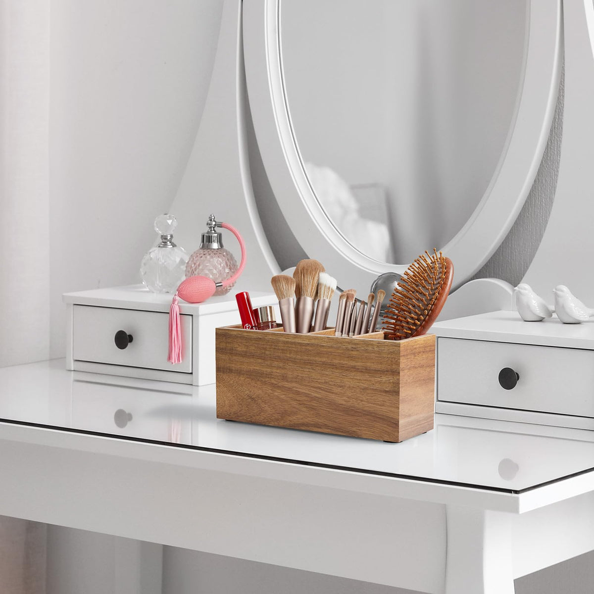 Bivvclaz Pencil Pen Holder for Desk, Acacia Wood Office Desk Organizers and Accessories with 4