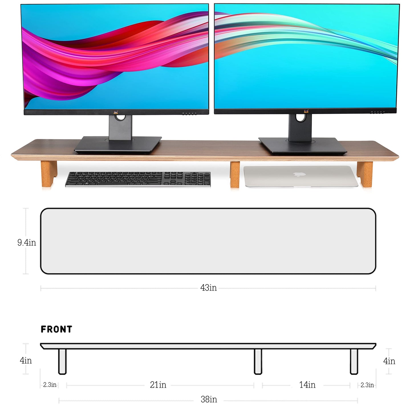 Aothia 43 inch Black Walnut Finish Dual Monitor Stand for Desk, Cork Legs
