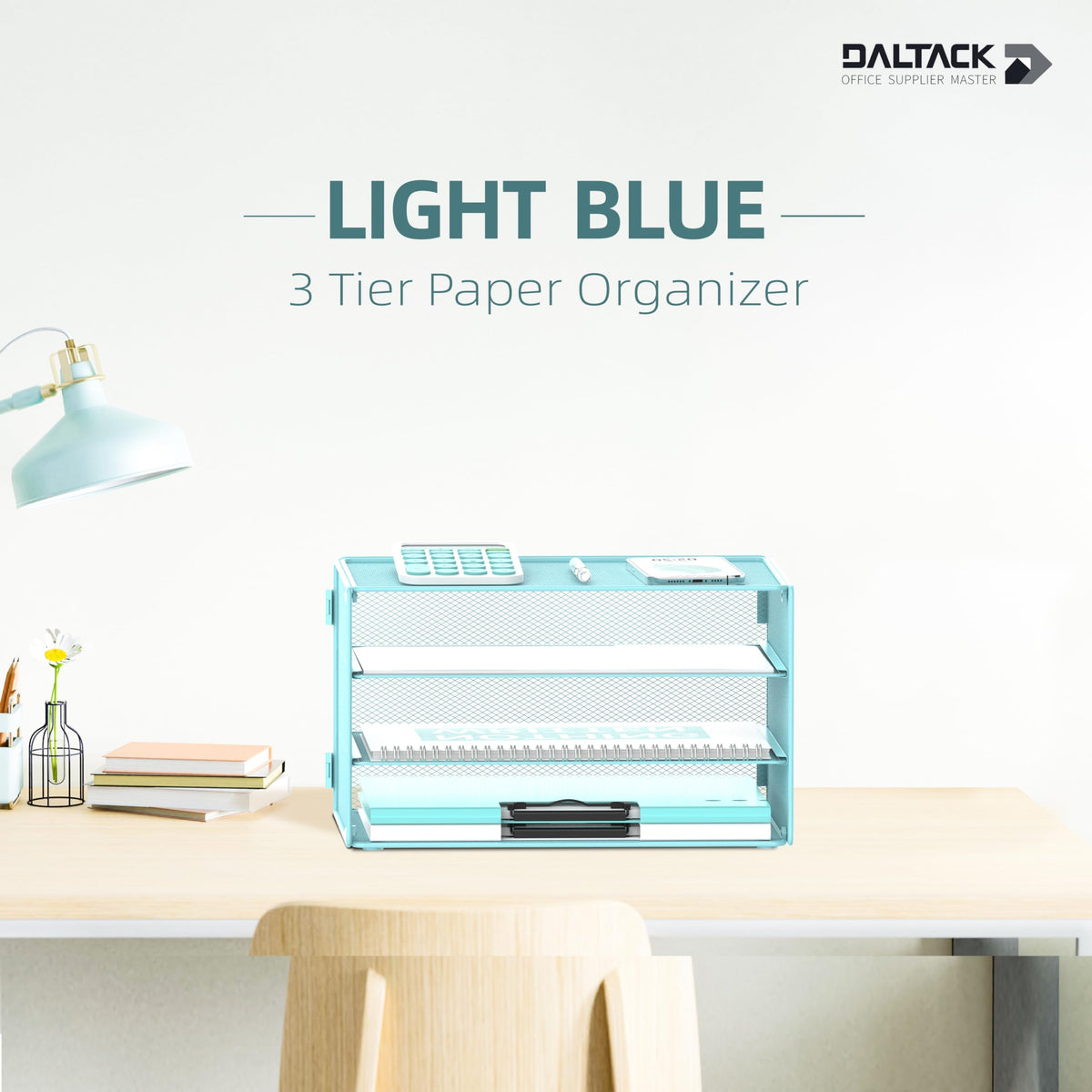 DALTACK 3 Tier Letter Tray Paper Organizer with Sliding Mesh Trays Blue