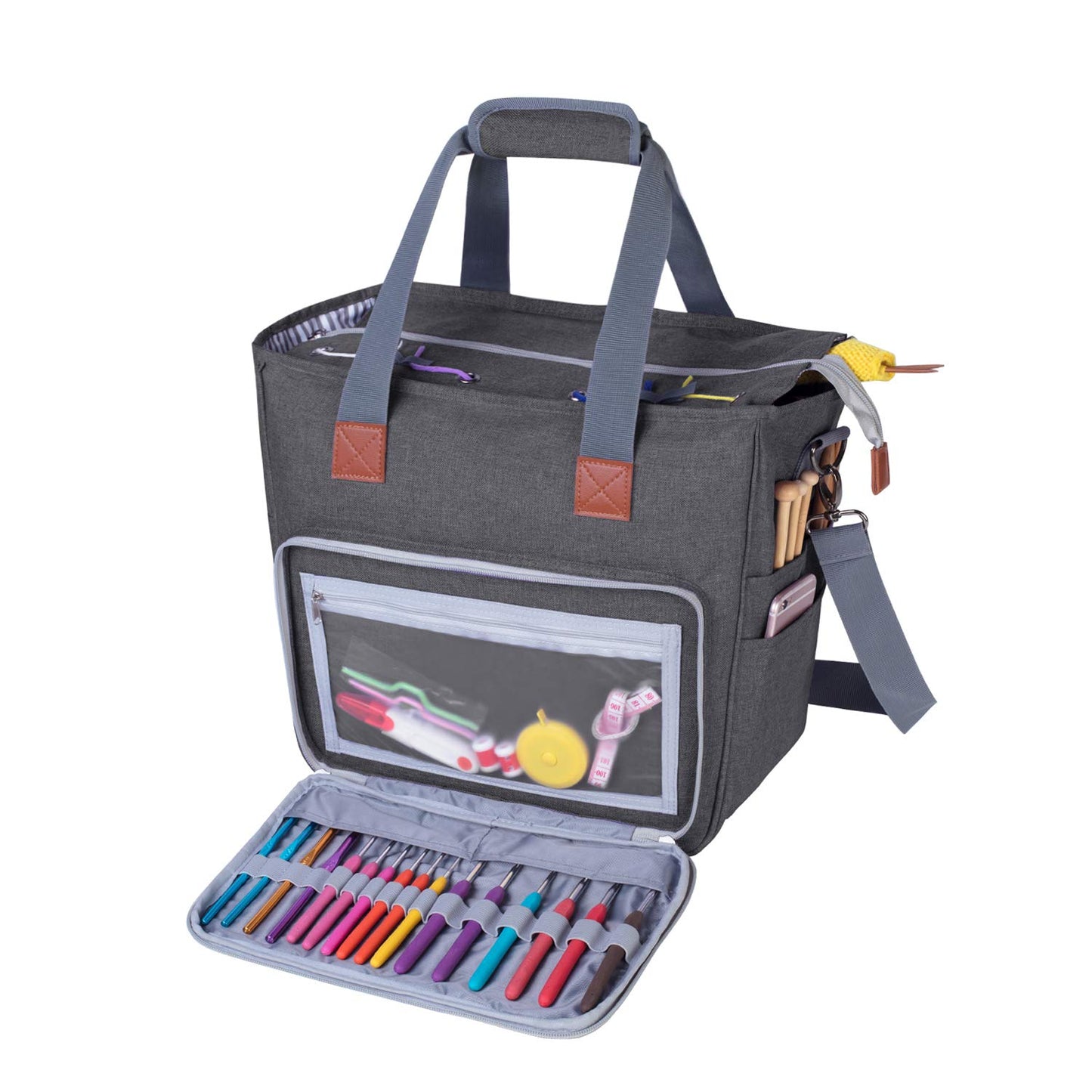 LUXJA Large Knitting Bag with Shoulder Straps, Gray