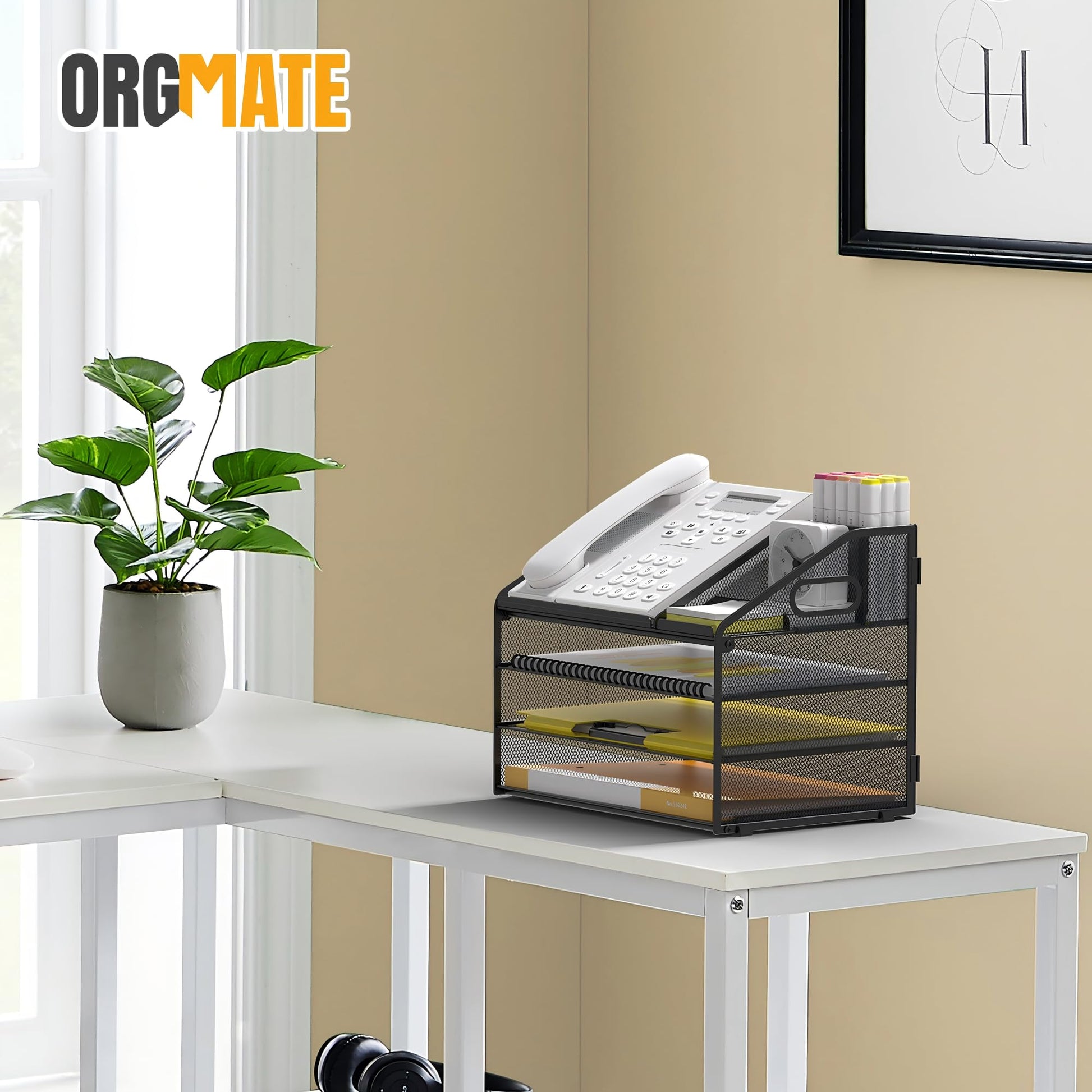 OrgMate 4 Tier Mesh Desk Organizer with Pen Holder and Handle Letter Tray