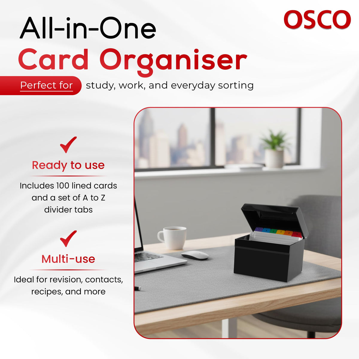 OSCO Black Hi-Gloss Plastic Index Box, Small, A to Z Divider Tabs, 100 Lined Note Cards, 5" x 3"