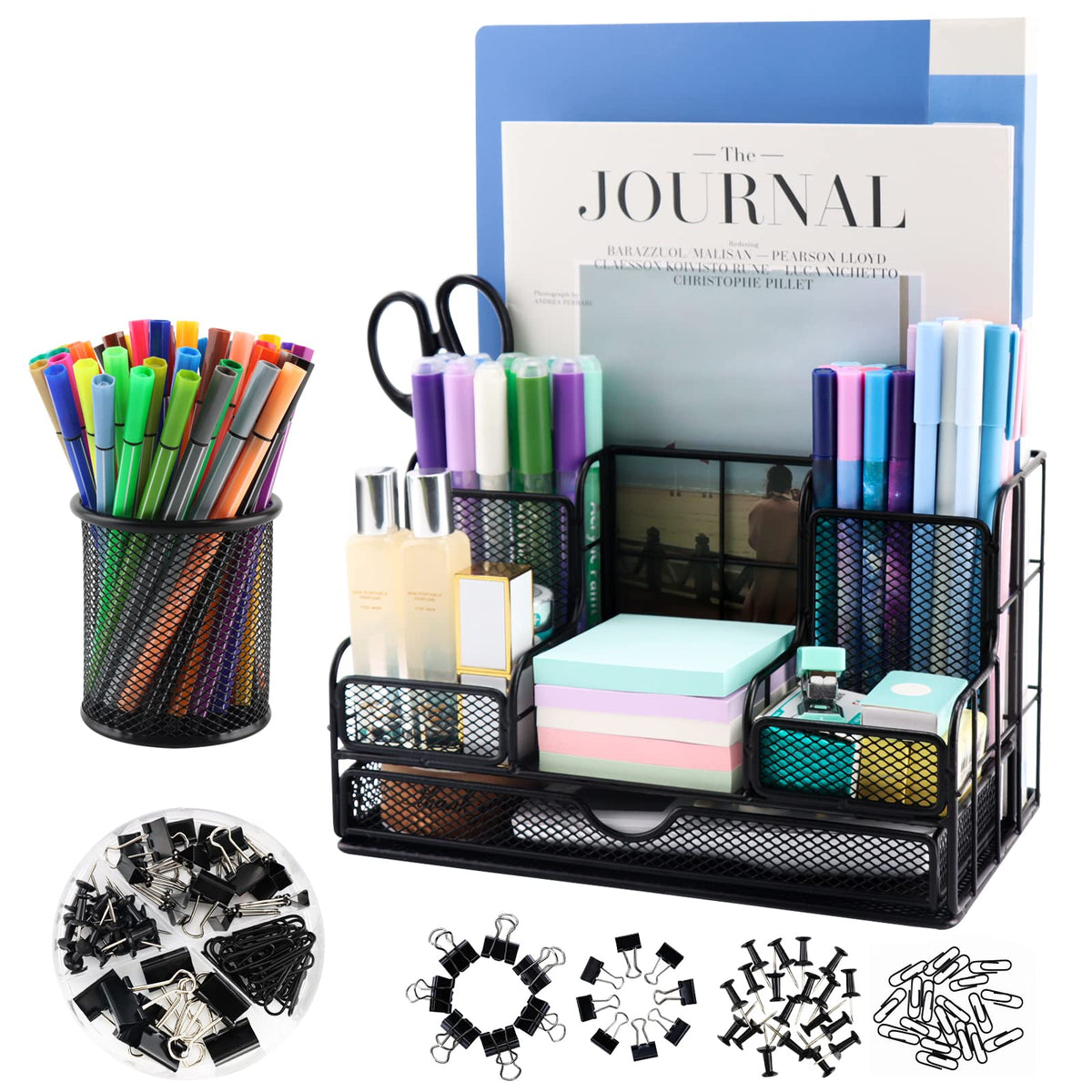 BCCICE Desk Organizers Caddy and Accessories with 7 Compartments + Pen Holder / 72 Clips Set