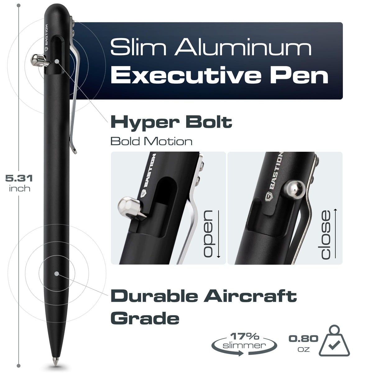 BASTION Slim Bolt Action Pen, Aluminum Black, Premium Metal Writing Pen