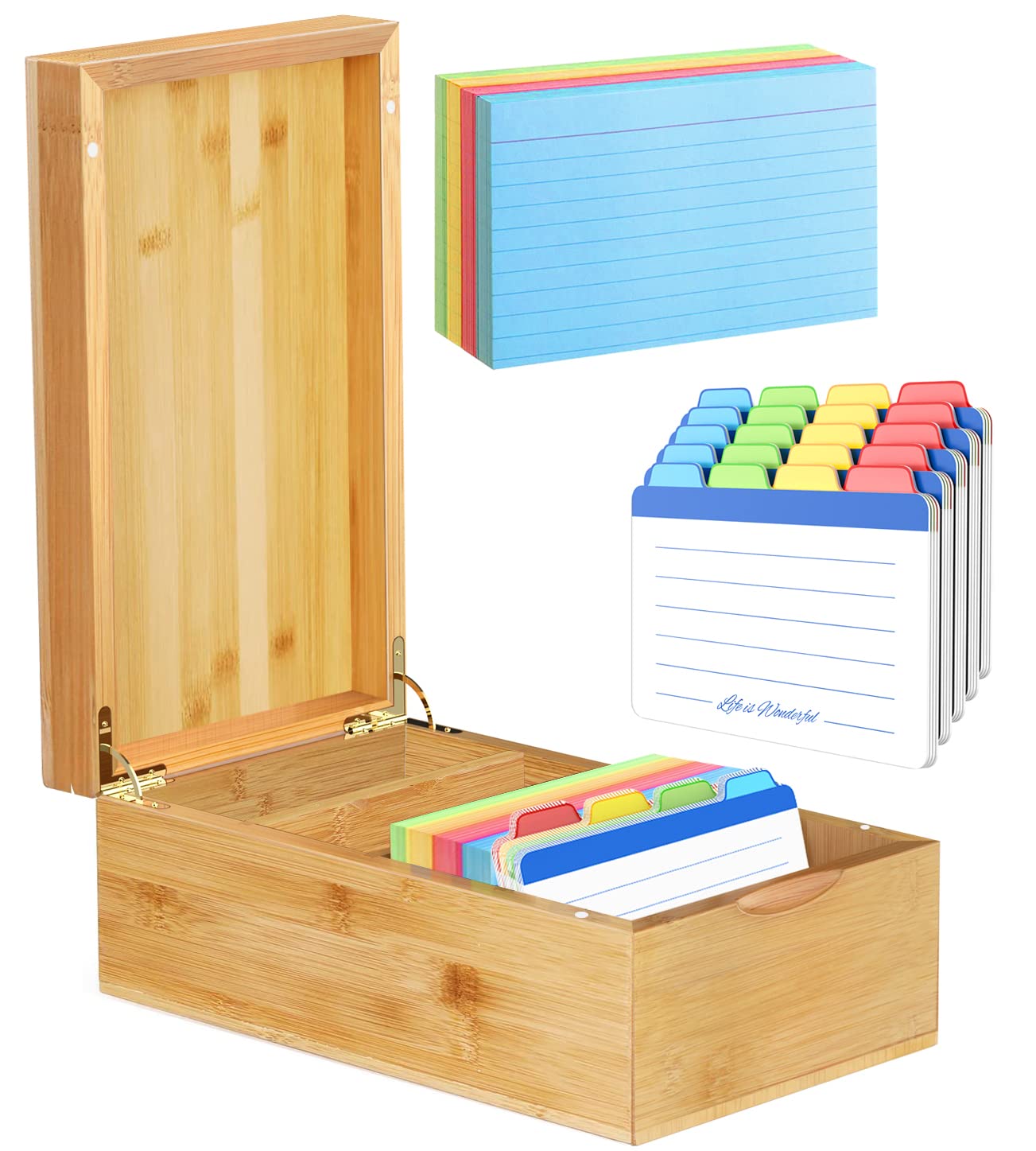 Neando Bamboo Index Card Holder for 3x5 Cards – Wooden Organizer with Lid, 4 Compartments, 600-Card