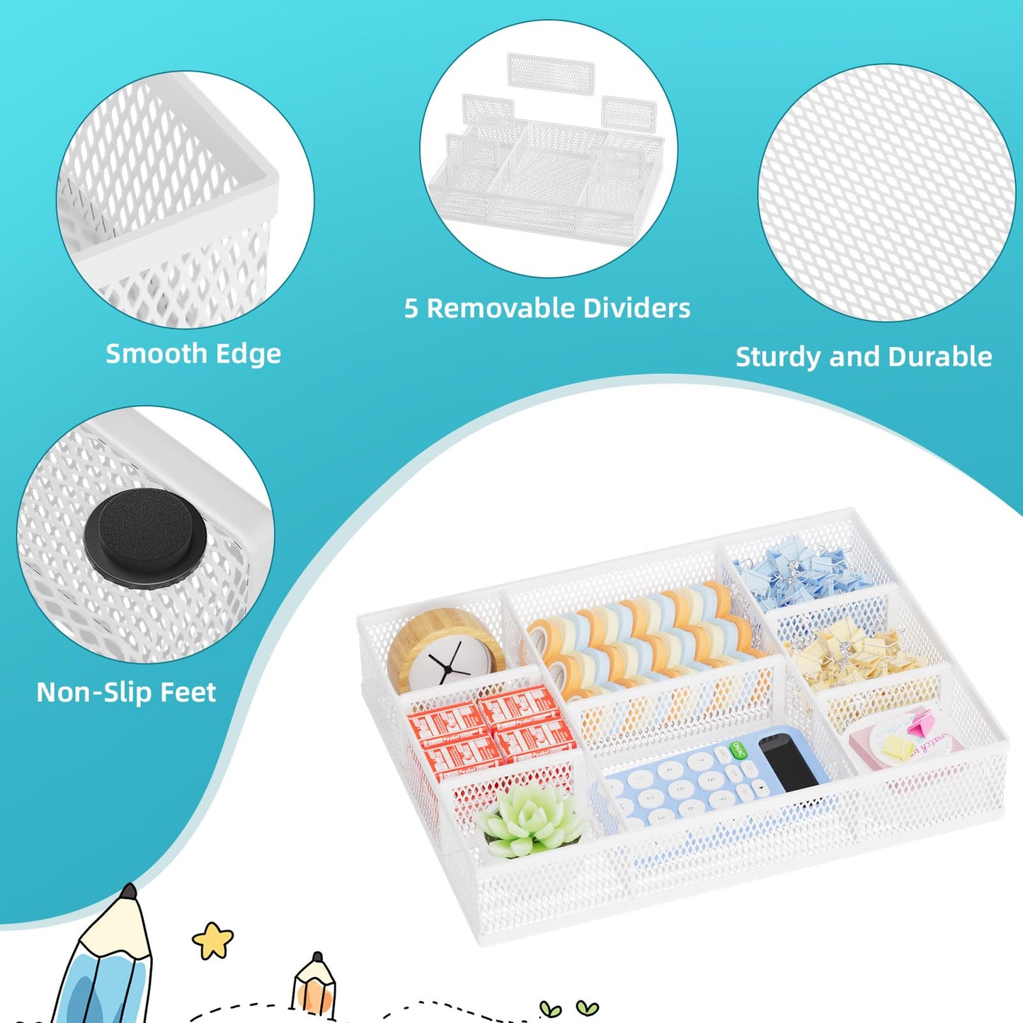 Marbrasse 2 Pack Desk Drawer Organizer, Mesh Drawer Organizer Tray with 8 Adjustable Compartments