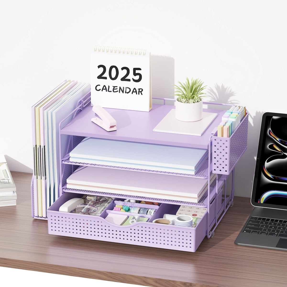 Wood Desk Organizers and Accessories with File Holder, 4-Tier Desk Accessories & Workspace