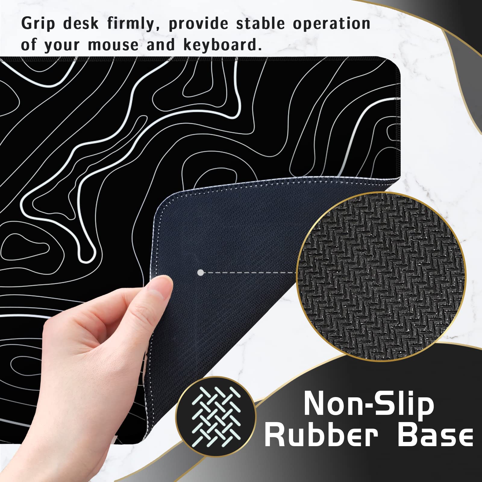 Black Topographic Mouse Pad XXXL - Giant Full Desk Gaming Mat, Huge Keyboard Pad for Ultimate