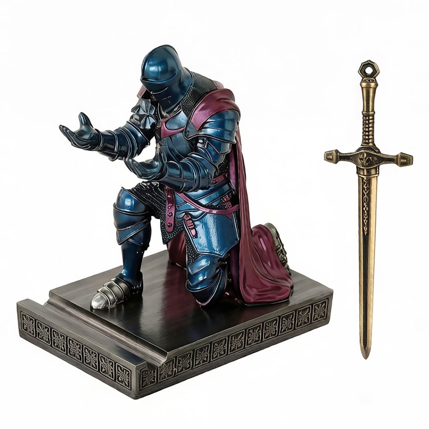 Medieval Armored Knight Pen Holder Figurine Paperweight Phone Stand Blu&Pur