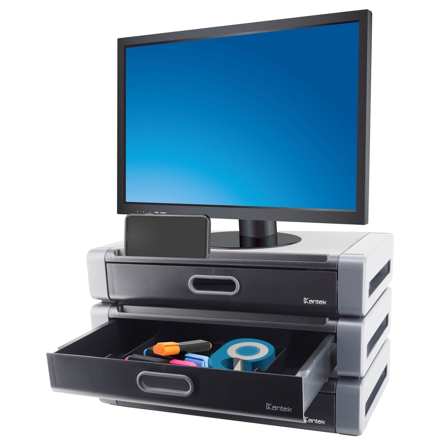 Kantek Monitor Riser with Drawer & Smartphone/Tablet Slot, 19-Inch Wide x 11-Inch Deep x 4-Inch