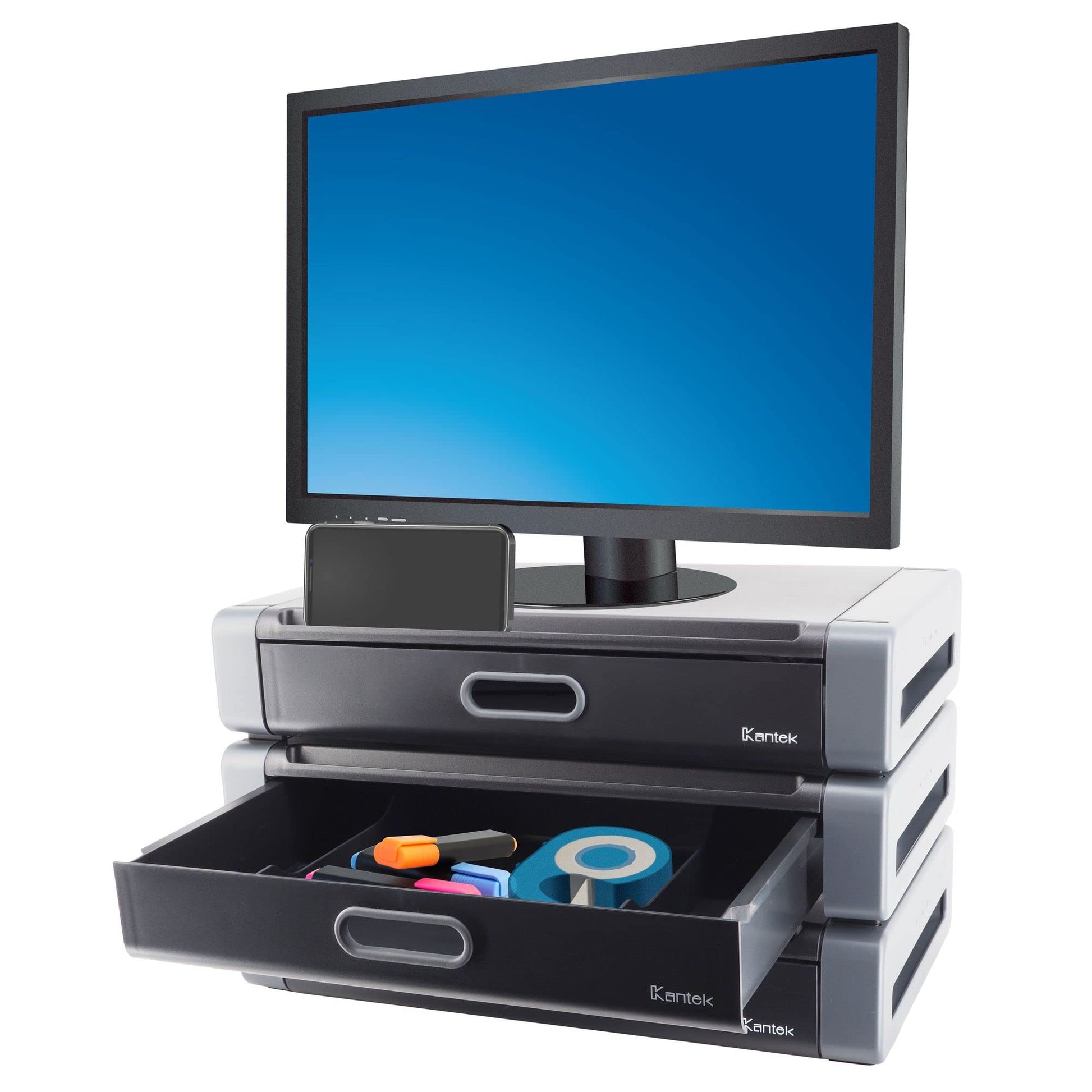 Kantek Monitor Riser with Drawer & Smartphone/Tablet Slot, 19-Inch Wide x 11-Inch Deep x 4-Inch