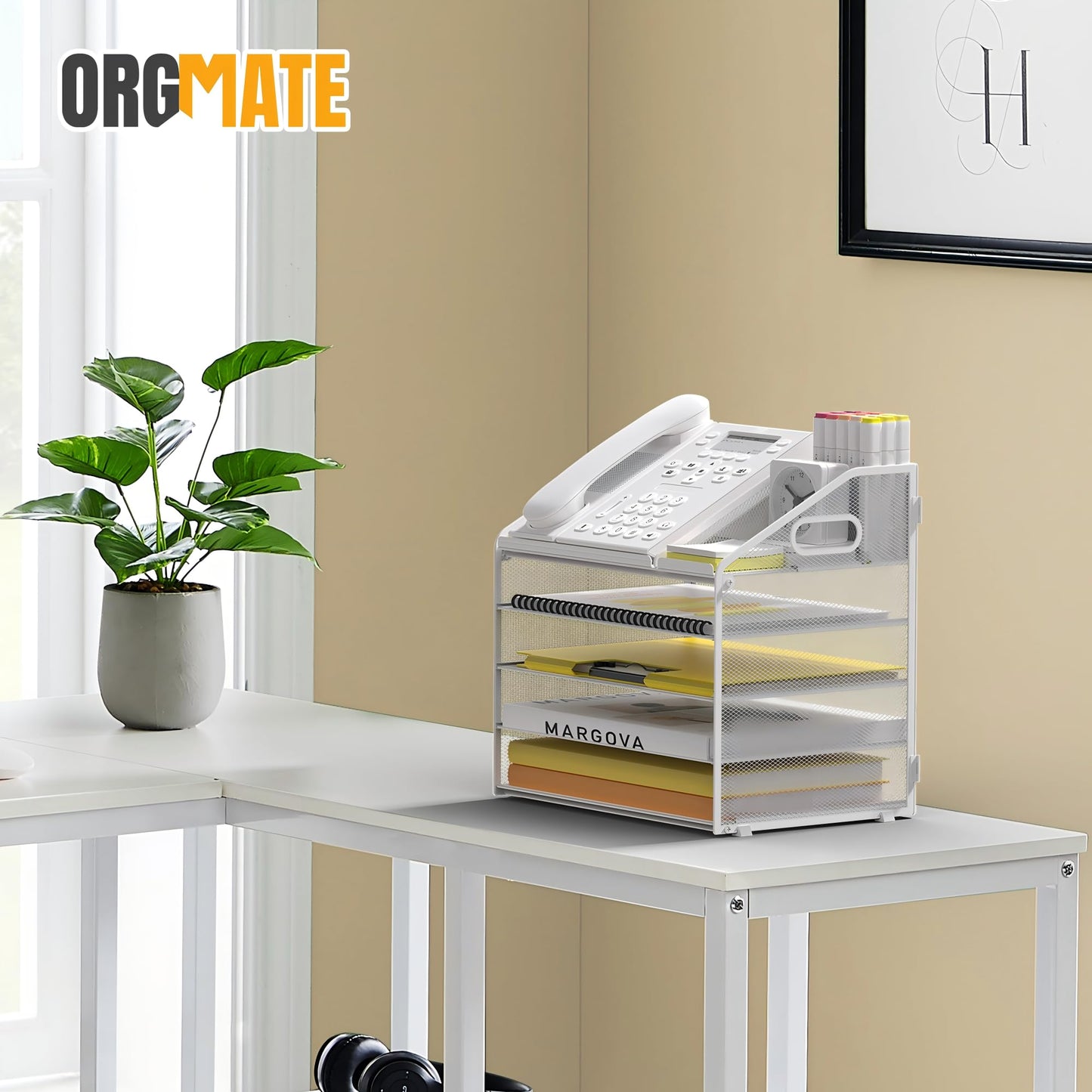 OrgMate 5 Tier Mesh Desk Organizer with Pen Holder and Handle Letter Tray