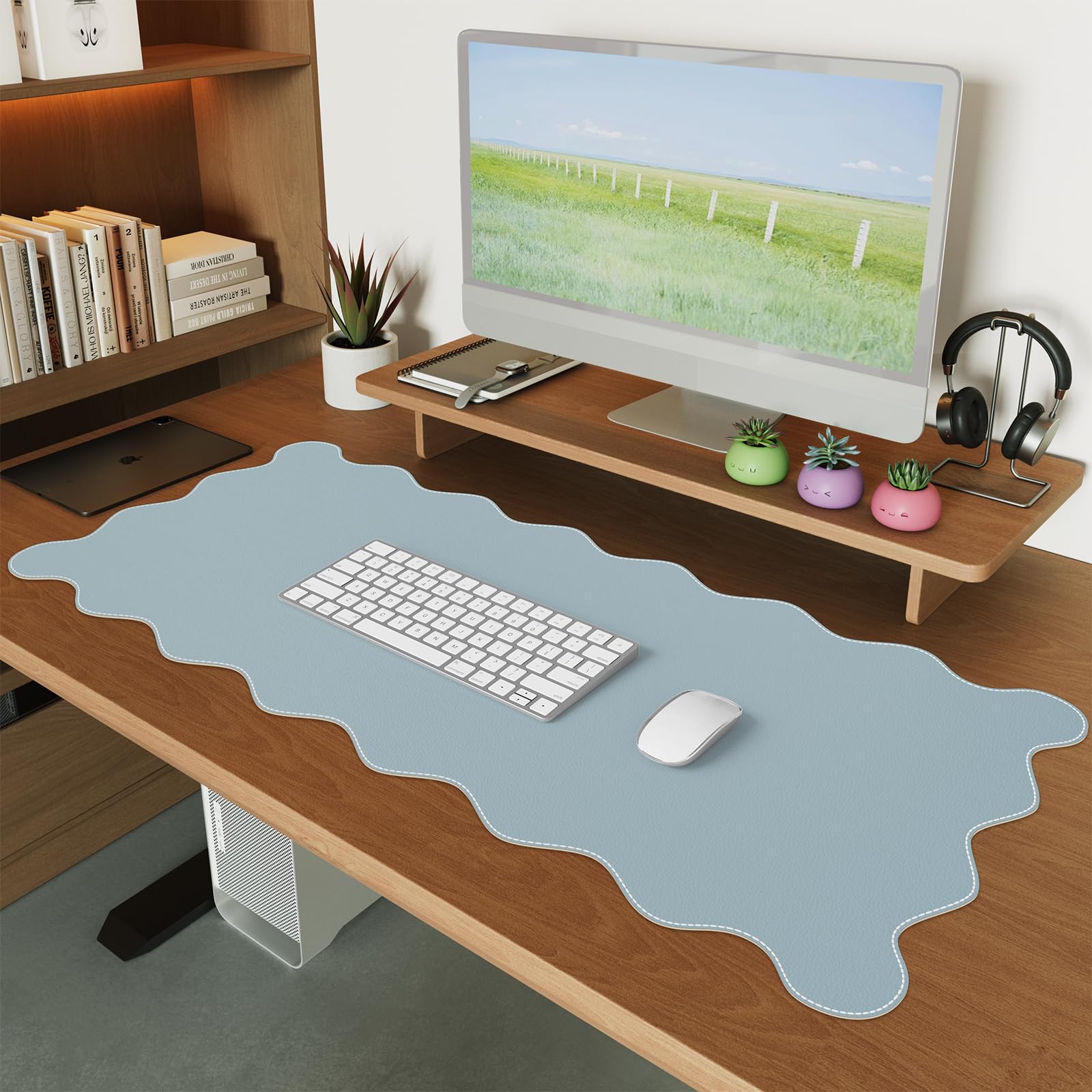 iCasso Blue Scalloped Mouse Mat, 35.4"x15.7" Computer Mat for Office