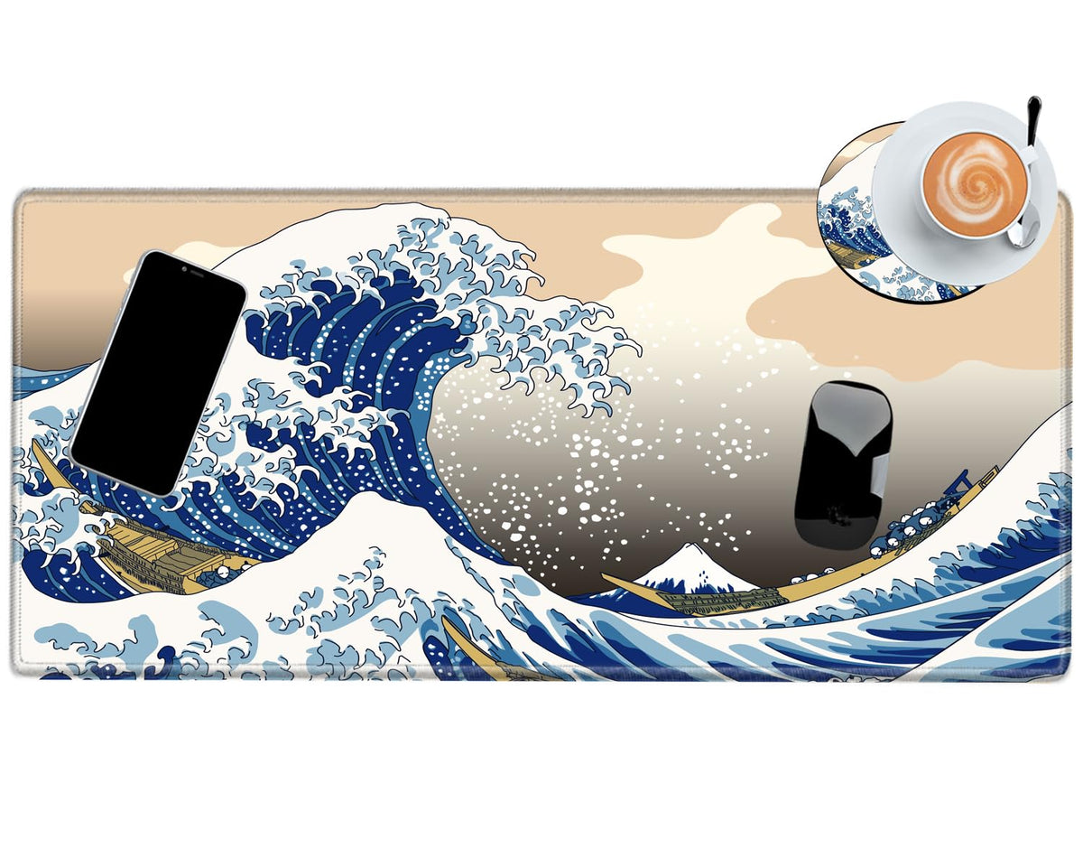 Gaming Mouse Pad Japanese Sea Wave Mousepad 24x12 Desk Pad XL Ocean Desk Mat Long Extended Computer