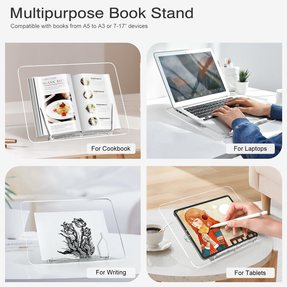 Acrylic Book Stand, Angle Adjustable Book Display Stand,Foldable Cookbook Stand, Lightweight Book