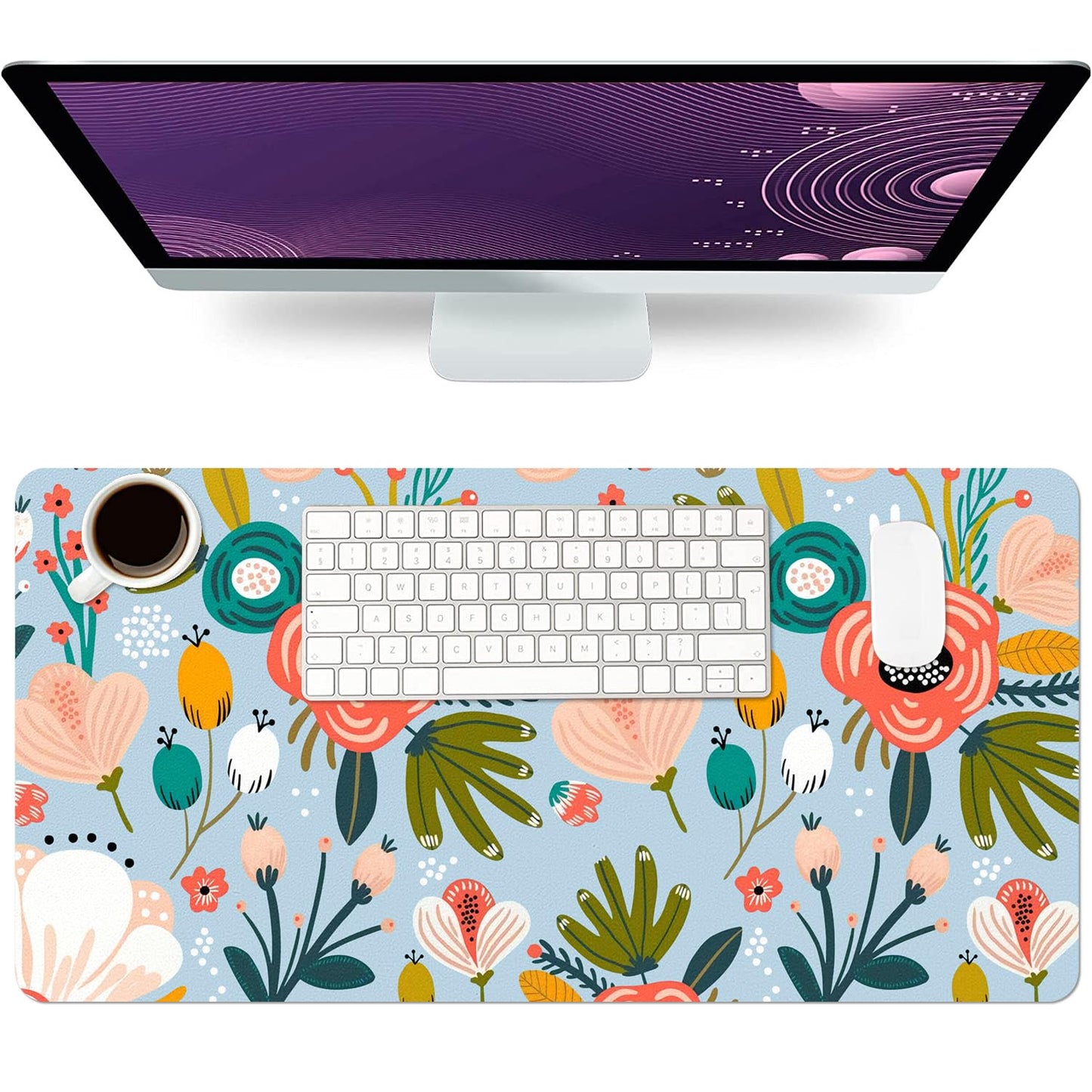 Floral Desk Mat, Non-Slip PU Leather Desk Pad, Blue 27.5"x13.8"