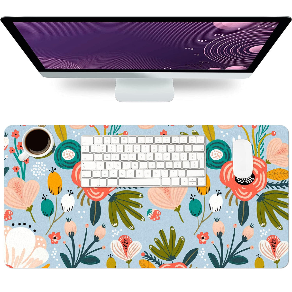Floral Desk Mat, Non-Slip PU Leather Desk Pad, Blue 27.5"x13.8"