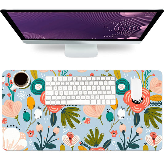 Floral Desk Mat, Non-Slip PU Leather Desk Pad, Blue 23.6"x11.8"