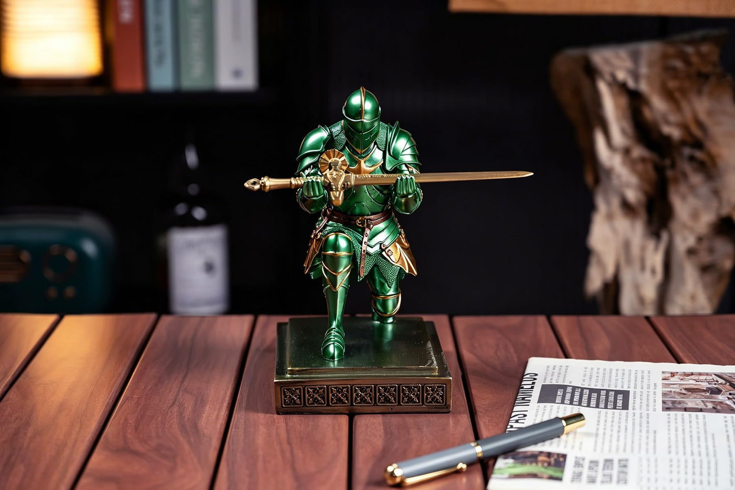 Medieval Warrior Knight Pen Holder Fun Desk Accessories Paperweight Green