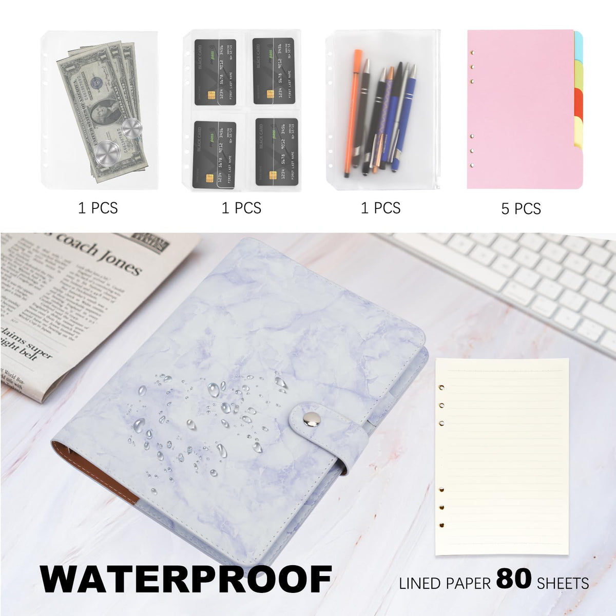 FYY A5 Binder Refillable Planner Notebook 6 Ring, Marble Blue