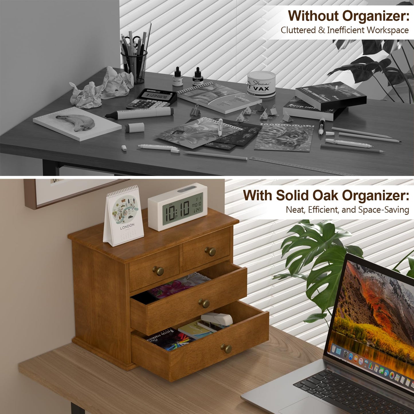 Oak Desk Organizer with Drawers, Durable Wooden Desktop Storage Box