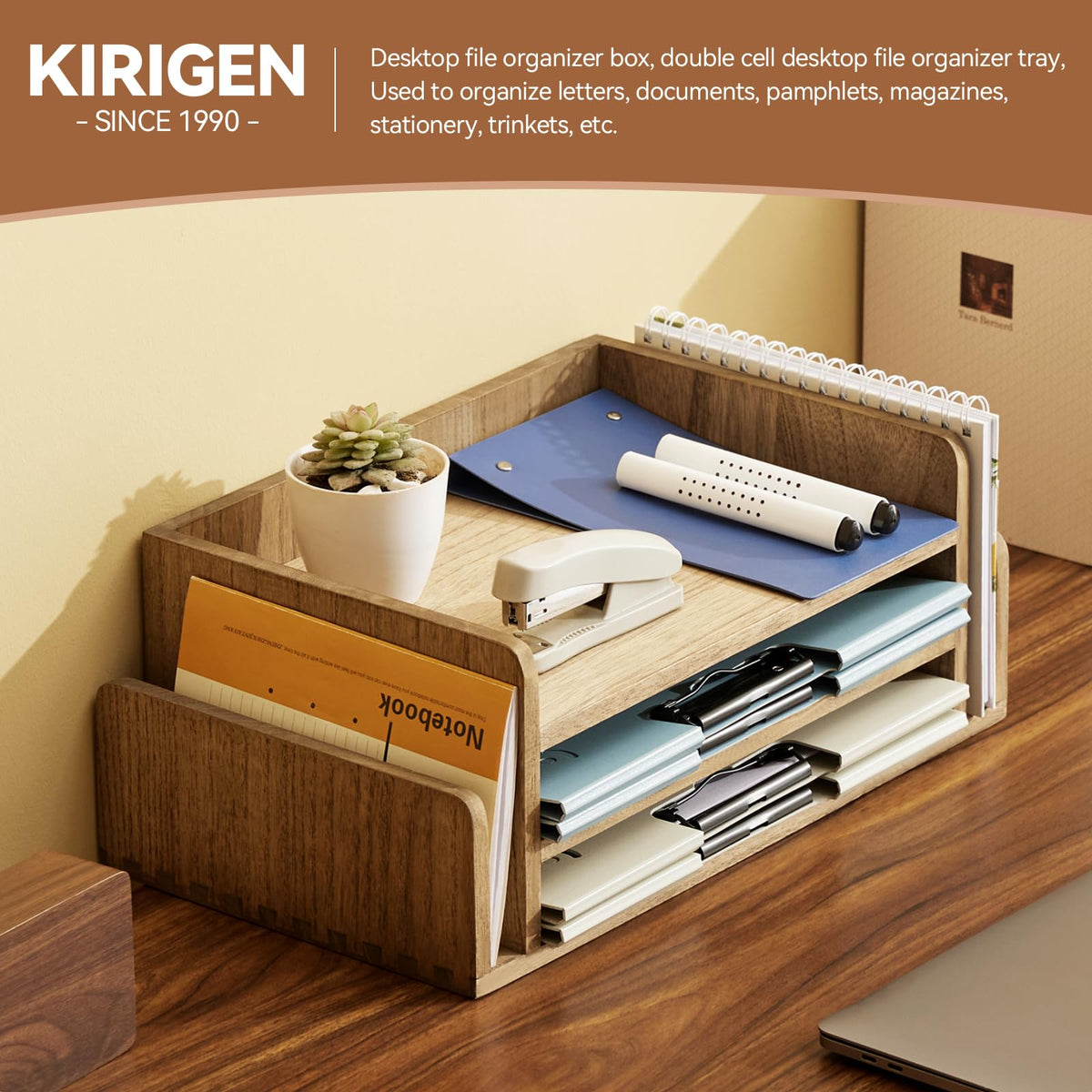 KIRIGEN Wood Desk Organizer, 5-Tray Letter Tray and Mail Sorter, Brown 2TP