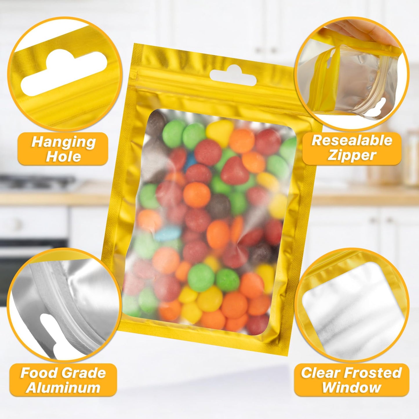ANZNKU 100Pcs Gold Mylar Bags, Resealable Smell Proof Zip Goodie Baggies