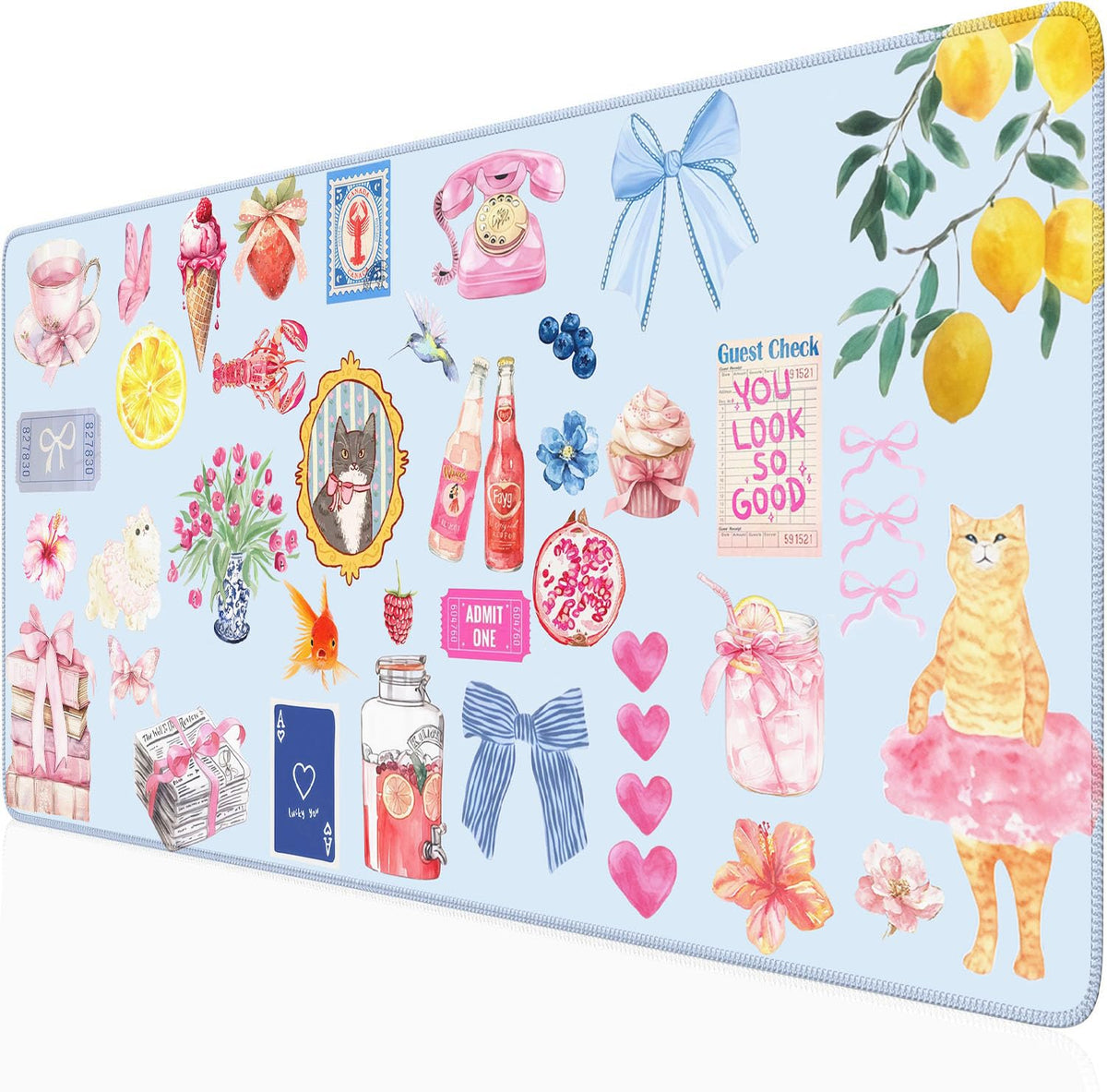 Cute Blue Desk Mat Kawaii Cat Mouse Pad Retro Vintage Large XXL Mousepad Computer Keyboard Laptop
