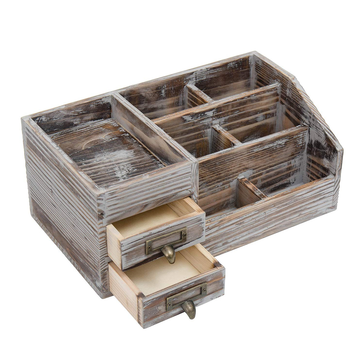 Liry Products Rustic Torched Wooden Desktop Organizer Dark Brown Tabletop Storage Cabinet Stepped