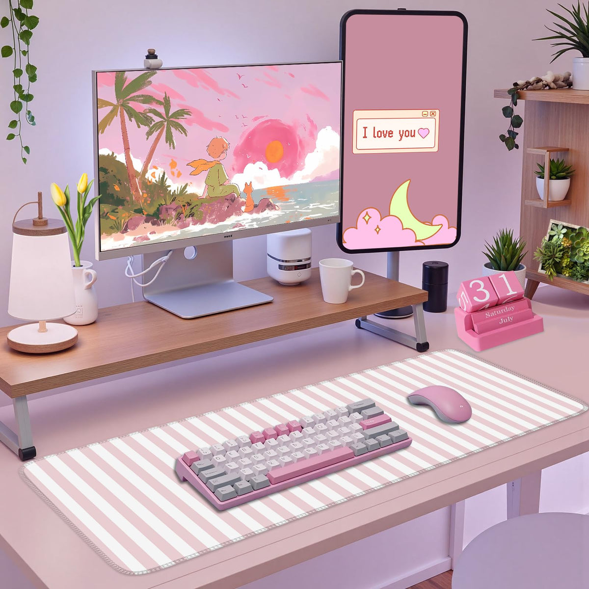 Pink Striped Desk Mat Cute Pastel Large Mouse Pad Kawaii Aesthetic Extended Mat for Home Office