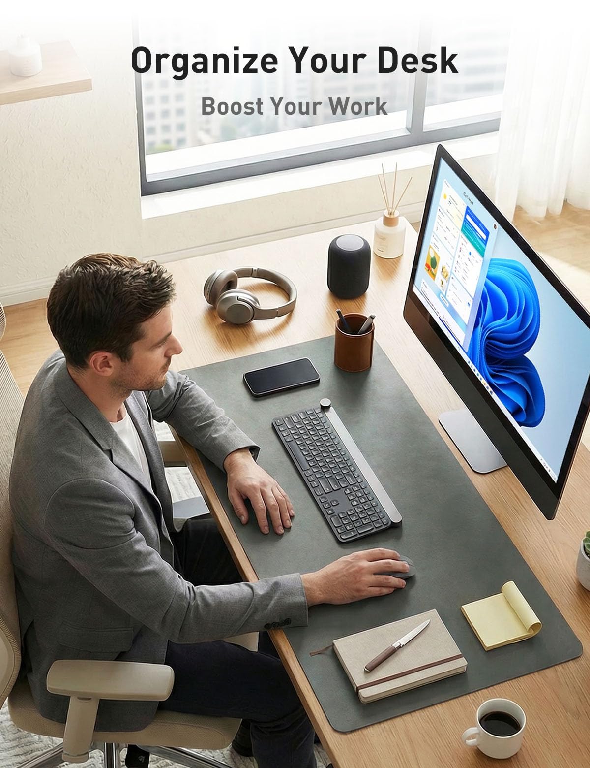 Aothia Faux Leather Desk Mat - Non-Slip PU Leather Desk Blotter, Waterproof Writing Surface, Large