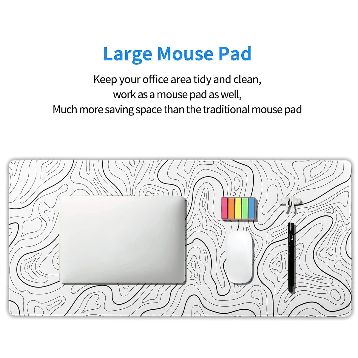 White Topographic Contour Gaming Mouse Pad XXL Geographic Map Lines Minimalist Extended Large Mat