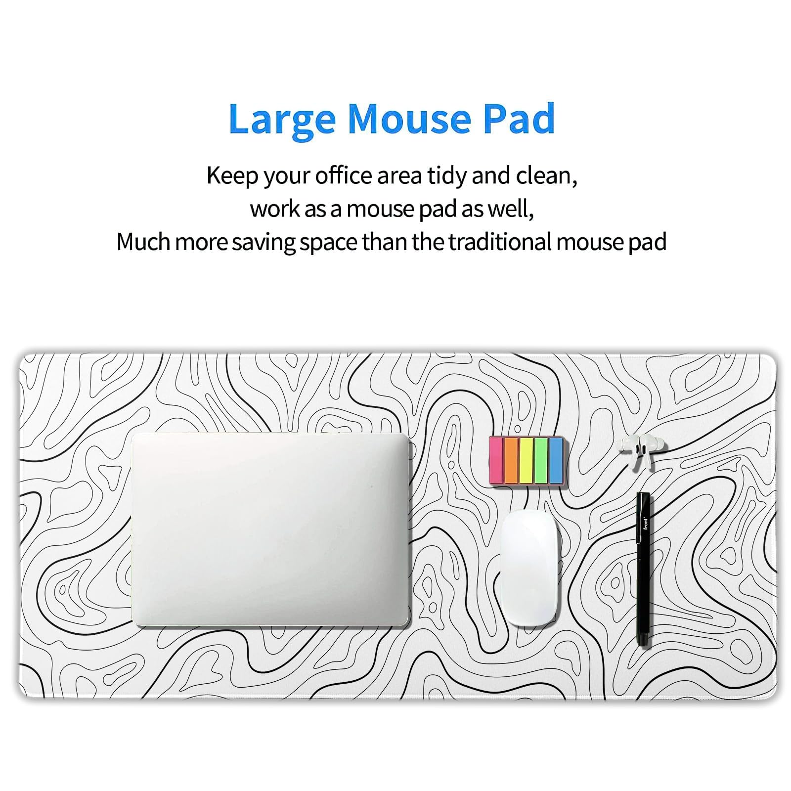 White Topographic Contour Gaming Mouse Pad XXL Geographic Map Lines Minimalist Extended Large Mat