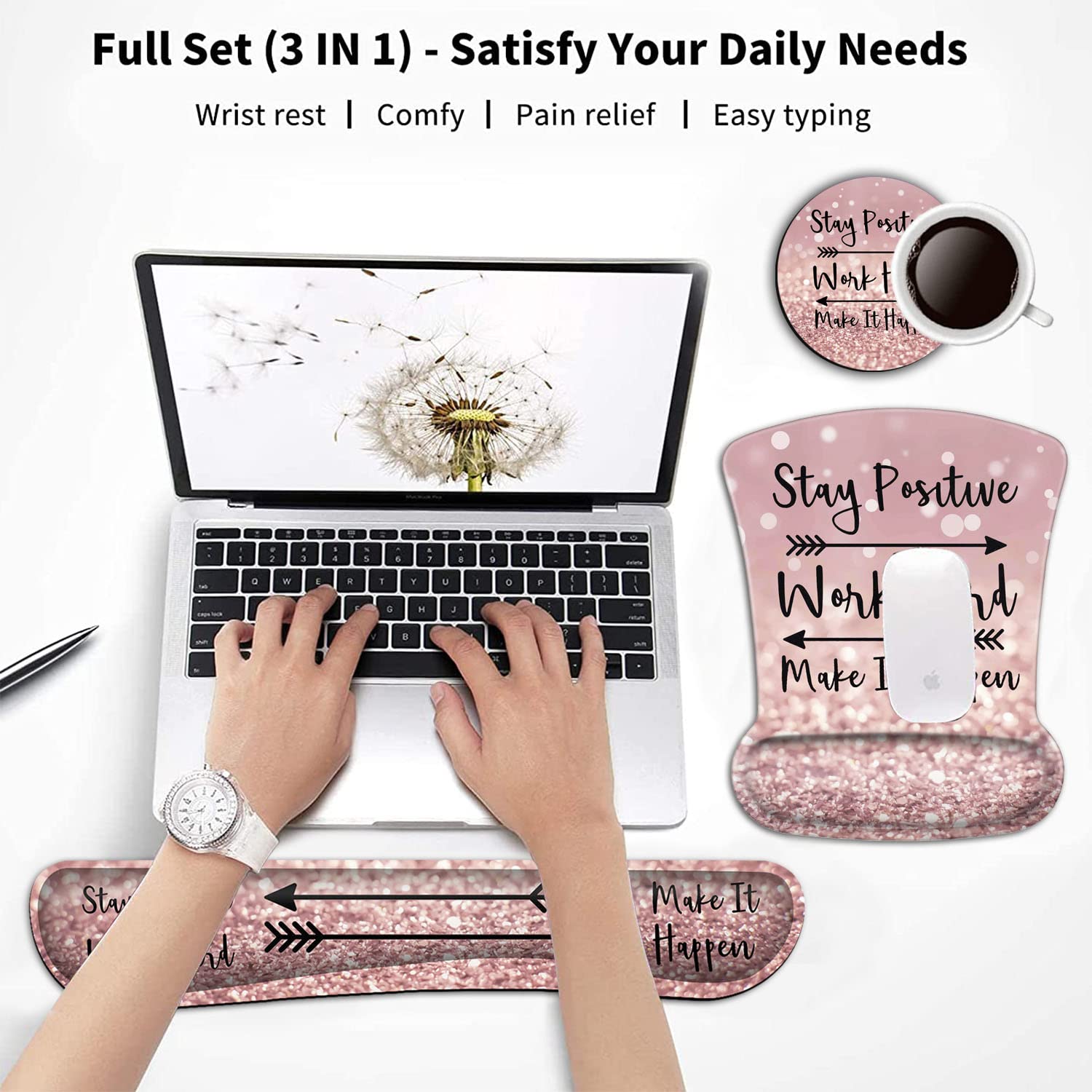 Keyboard Wrist Rest and Mouse Pad Wrist Support Set,Stay Positive Work Hard and Make It Happen Pink