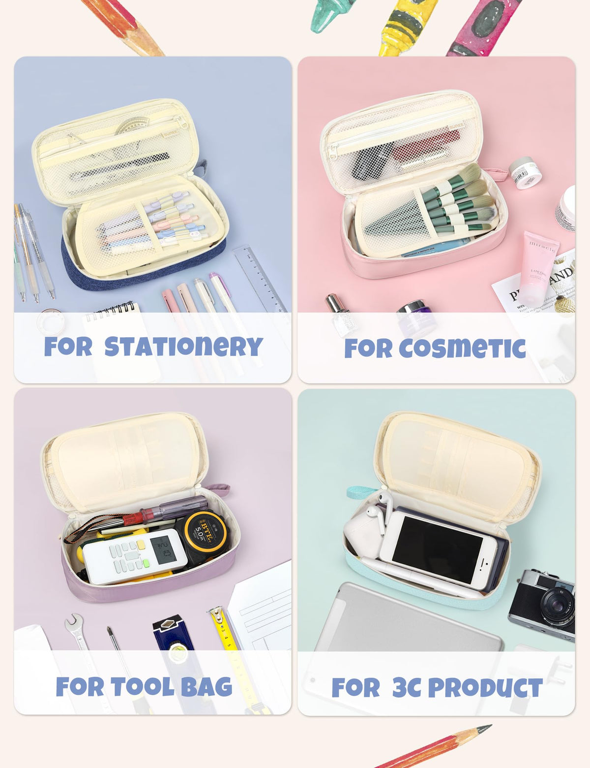 SUNEE Cute Pencil Case, Aesthetic Pen Pouch, Colored Large Pencil Bag with Zipper, Kawaii