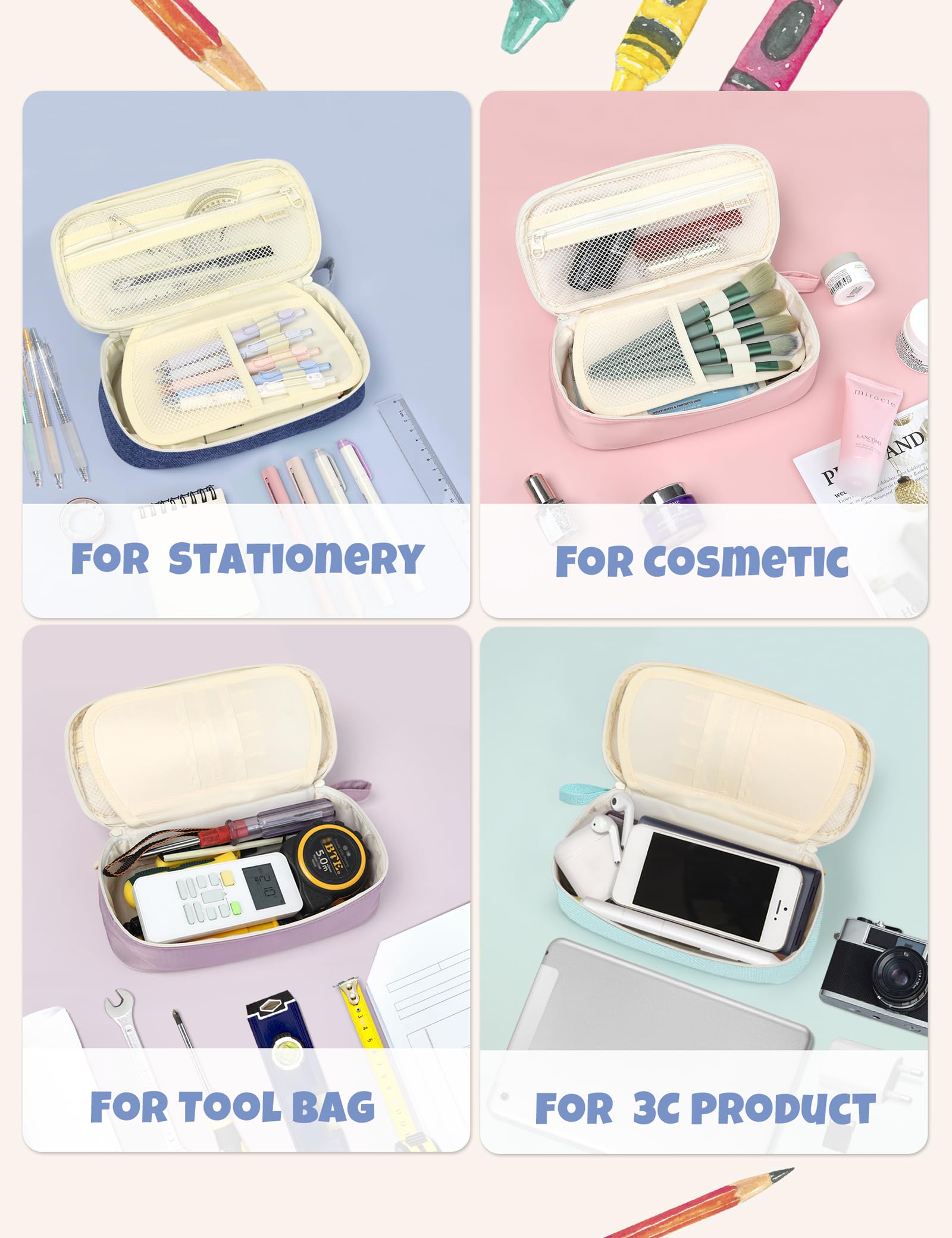 SUNEE Cute Pencil Case, Aesthetic Pen Pouch, Colored Large Pencil Bag with Zipper, Kawaii