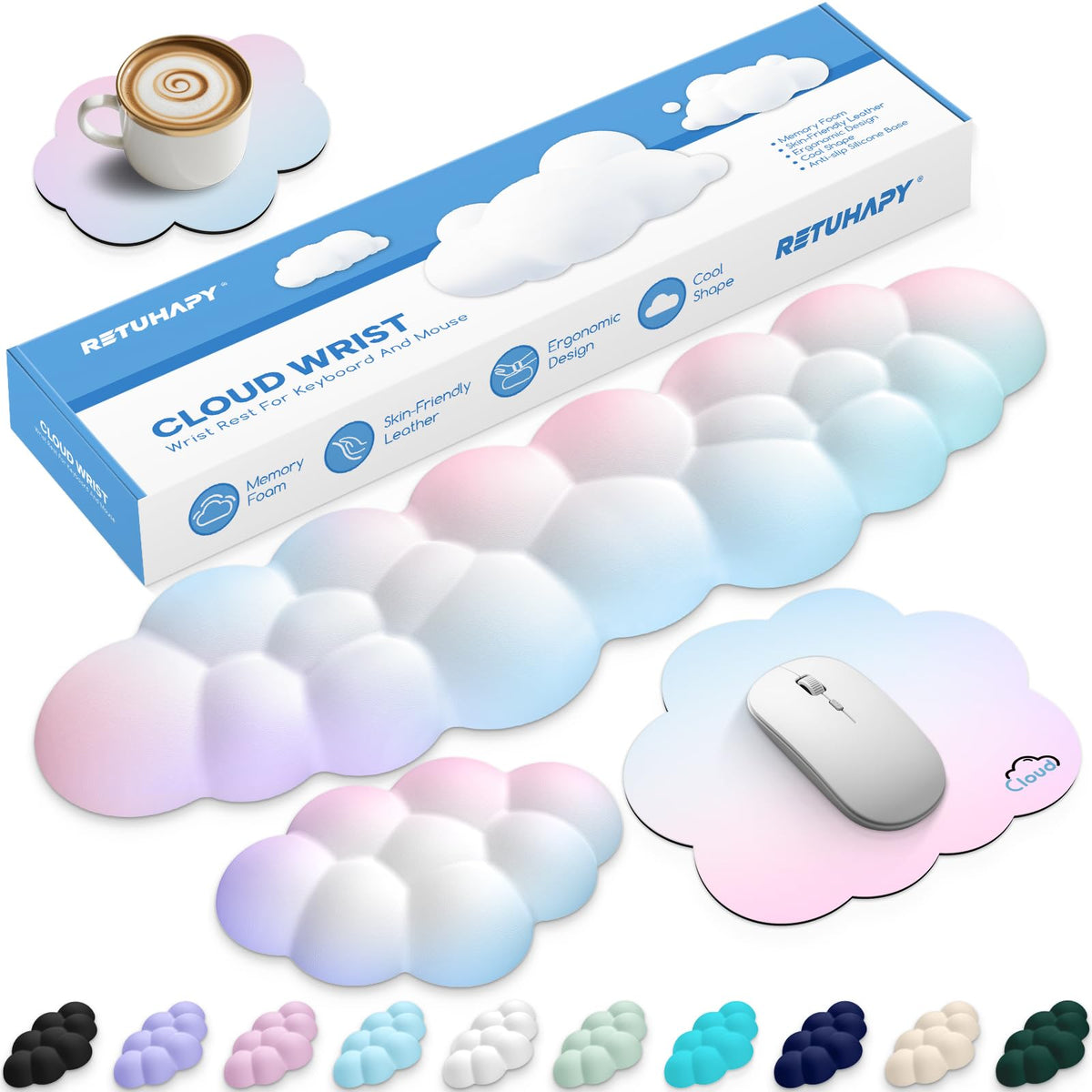 Retuhapy Cloud Wrist Rest Keyboard Cushion and Cloud Mouse Pad, Rainbow