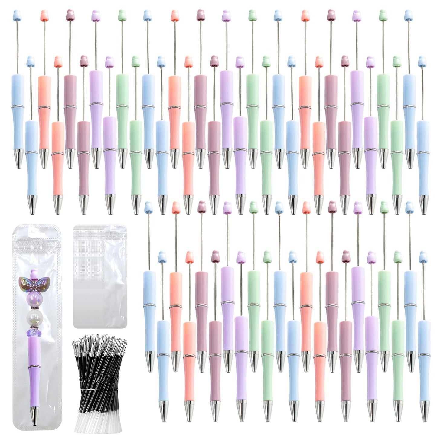 DASTTUIS 150 Pieces DIY Beadable Pen Kit – 50 Plastic Ballpoint Pens with Refills & Bags – School