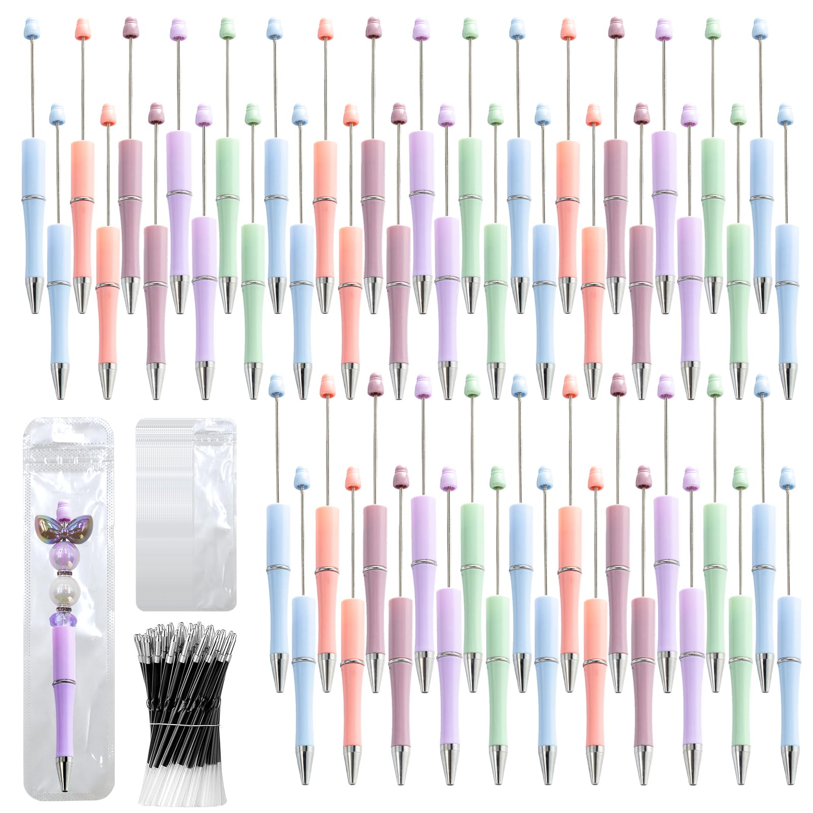 DASTTUIS 150 Pieces DIY Beadable Pen Kit – 50 Plastic Ballpoint Pens with Refills & Bags – School