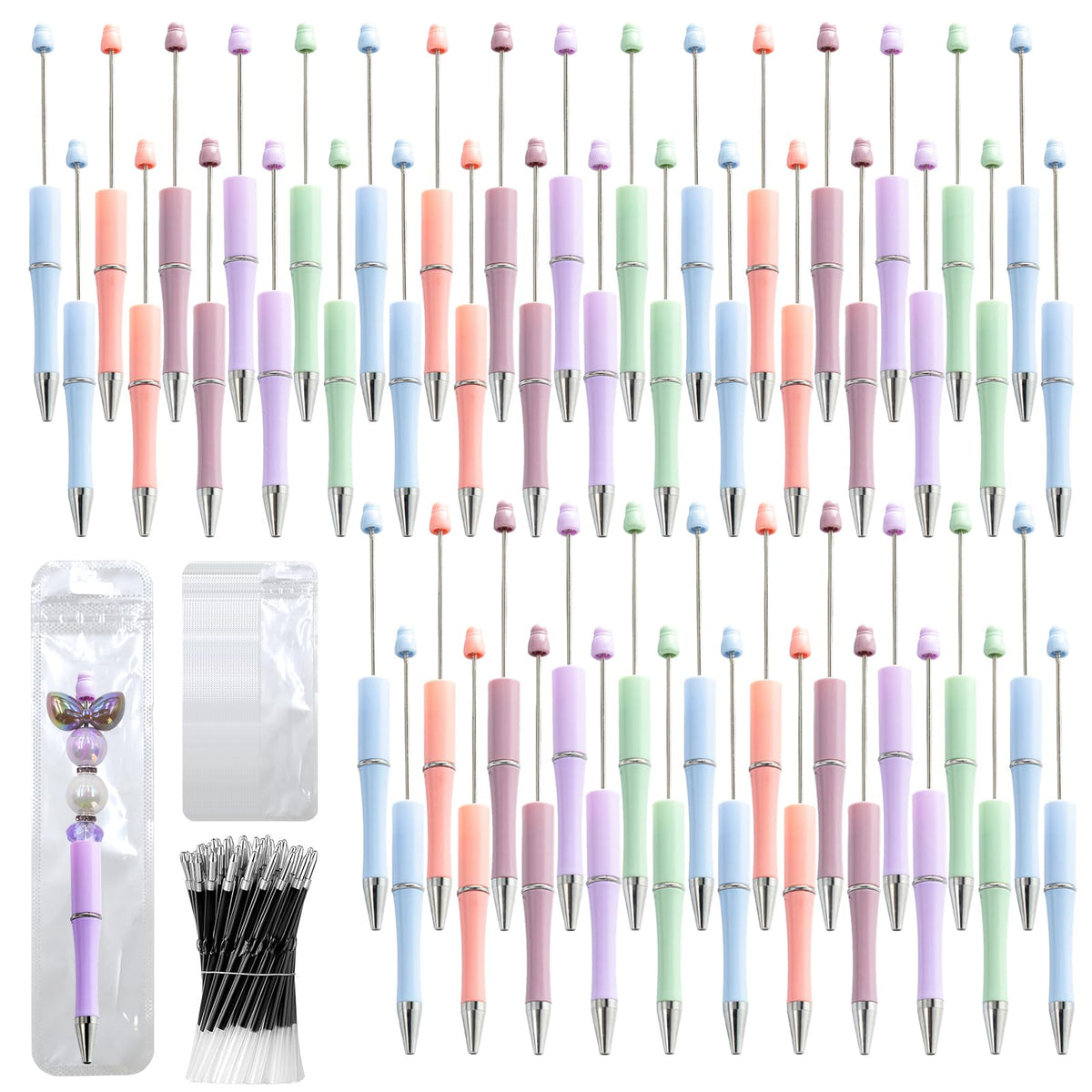 DASTTUIS 300 Pieces DIY Beadable Pen Kit – 100 Plastic Ballpoint Pens with Refills & Bags – School