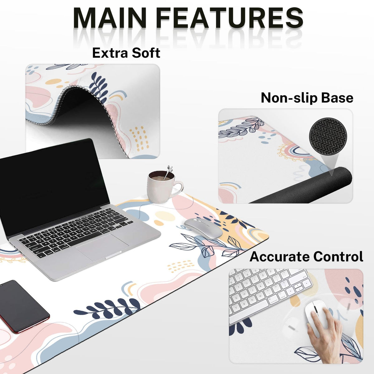 Arttown Keyboard Mouse Pad Set, 4 in 1 Desk Mat Set Tropical Leaves
