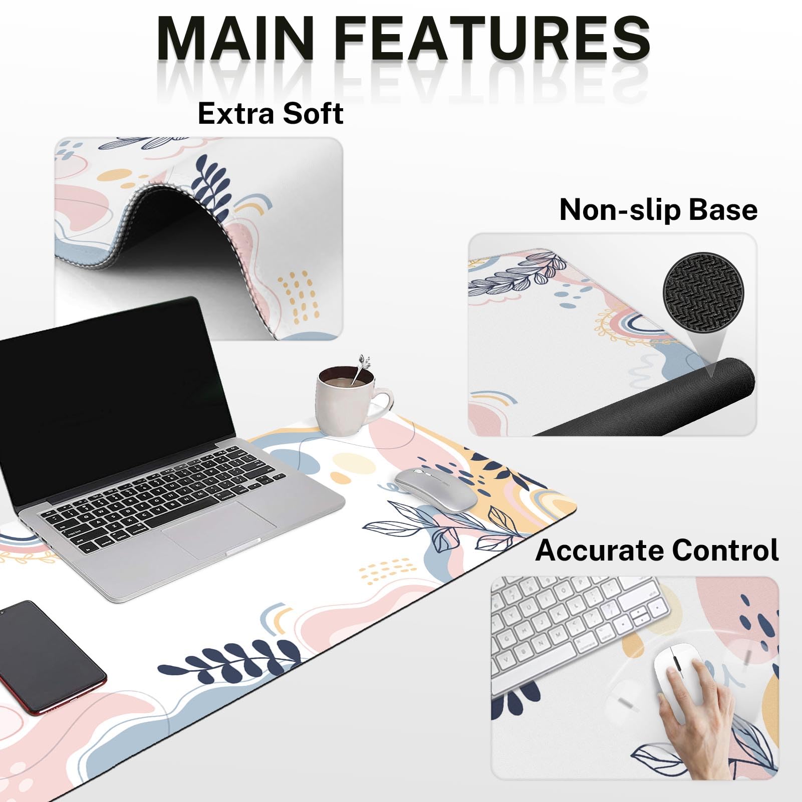 Arttown Keyboard Mouse Pad Set, 4 in 1 Desk Mat Set Tropical Leaves