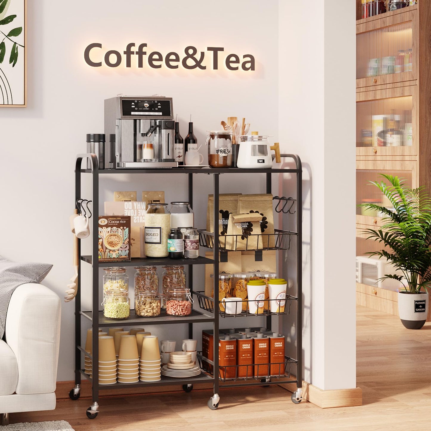 HapiRm Rolling Kitchen Microwave Cart - 4 Tier Microwave Table Stand with Pull-Out Baskets, Coffee