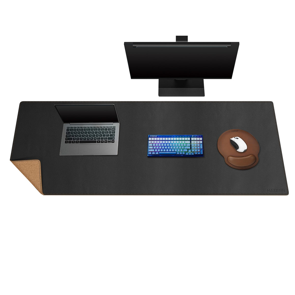MAIDERN 59”x 19.6” Cork & Leather Desk Pad, Large Desk Mat (Black)