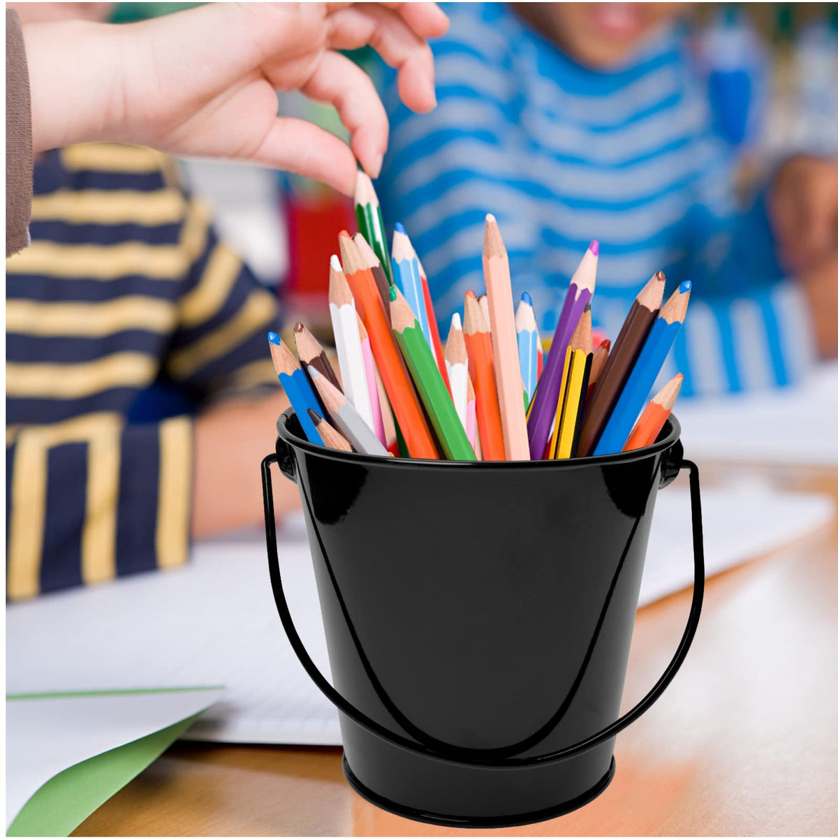 TAKMA Metal Buckets with Handle, 6 Pack 5.91 Inch Black Iron Pail, Easter Bucket,Pencil Holder and