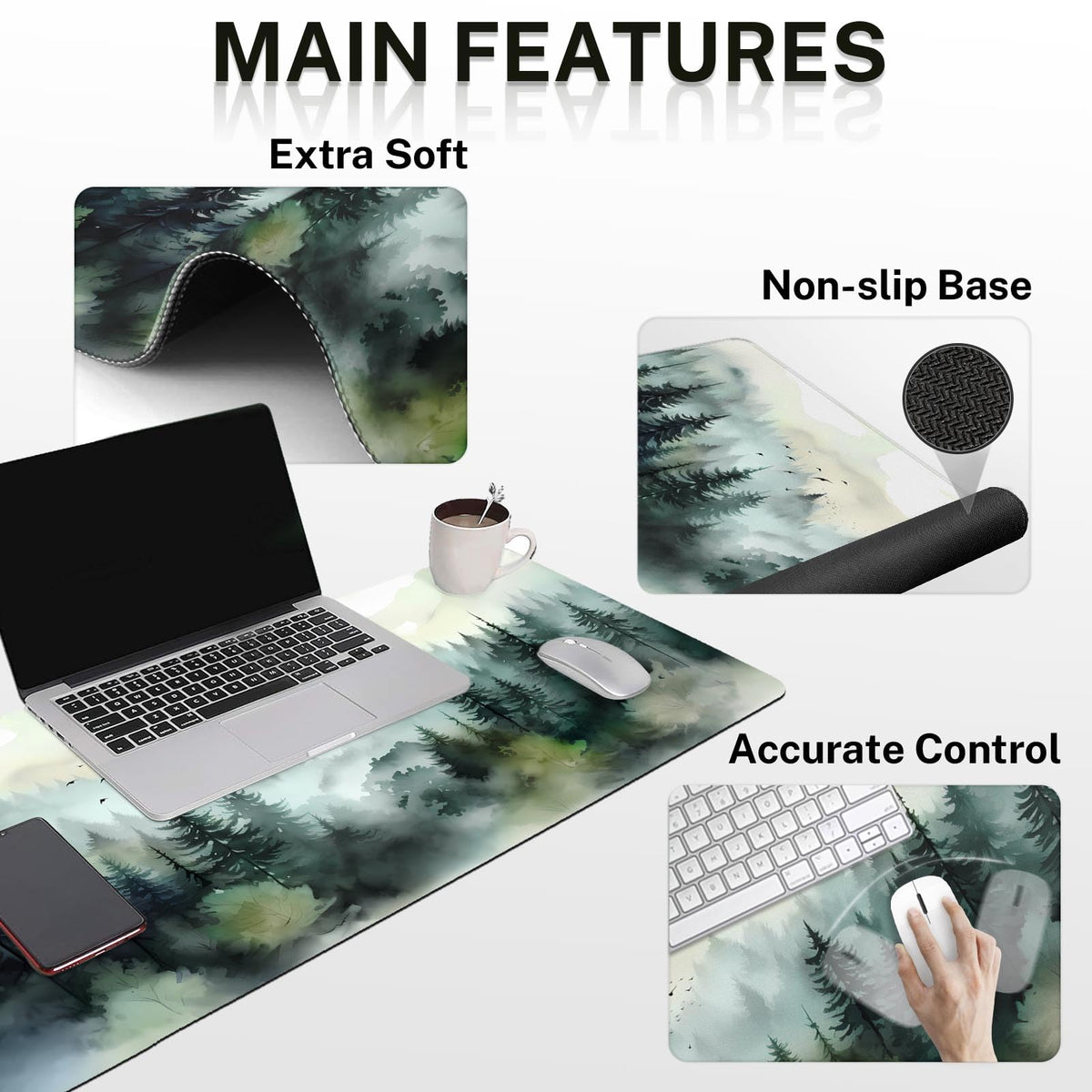 Britimes Keyboard Mouse Pad Set, 4 in 1 Desk Mat Set, Mountain Forest