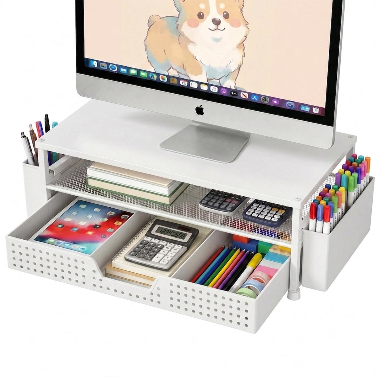 ECOLOVI Desk Organizer and Accessories, 2-Tier Computer Monitor Stand Rise with Storage Drawer & 2